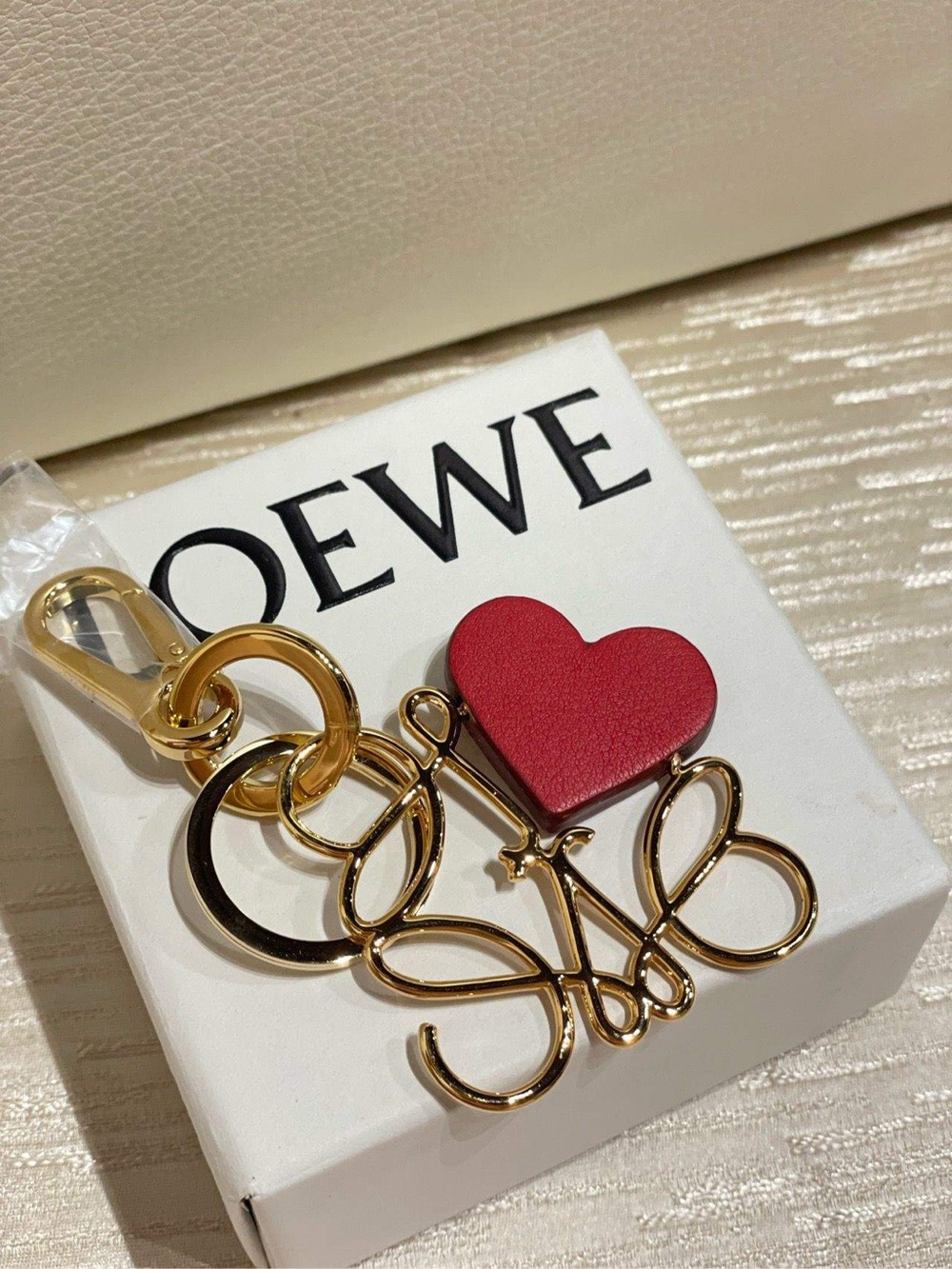 Loewe Shanghai Limited Edition Gold Tone Logo Keyring with Red Heart Charm